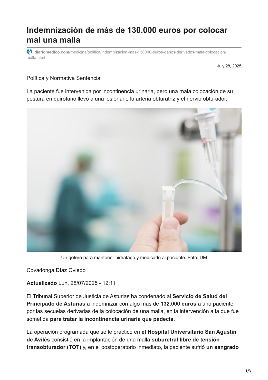 Primera página del documento: "Indemnización de más de 130.000 euros por los daños derivados de la mala colocación de una malla suburetral"
